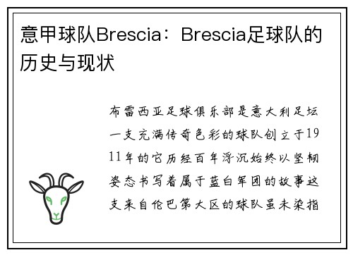 意甲球队Brescia：Brescia足球队的历史与现状